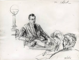 Photograph of courtroom sketch of witness Dr. John Holbrook at Ruby trial