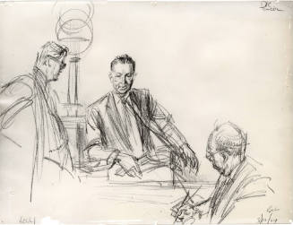 Photograph of courtroom sketch of witness Dr. Martin Towler at Ruby trial