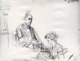 Photograph of courtroom sketch of witness Dr. Manfred Guttmacher at Ruby trial