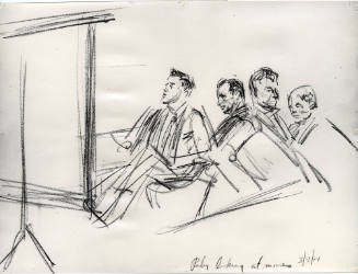 Photograph of courtroom sketch of Jack Ruby watching video during trial