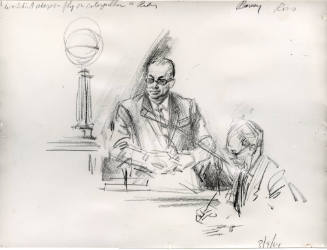 Photograph of courtroom sketch of Barney Ross testifying during Ruby trial