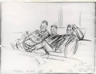 Photograph of courtroom sketch of attorneys watching films at Ruby trial