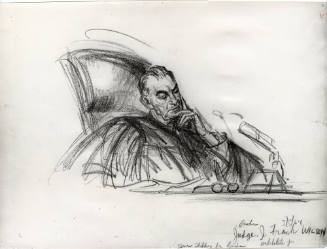 Photograph of courtroom sketch of substitute judge J. Frank Wilson at Ruby trial