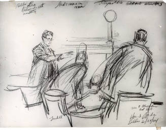 Photograph of courtroom sketch of Belli protesting language used by Alexander
