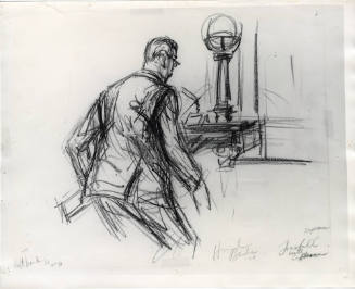 Photograph of courtroom sketch of Joe Tonahill with subpoena at Ruby trial
