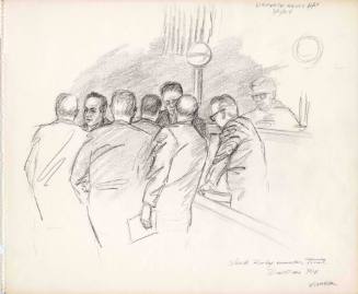 Courtroom sketch of defense attorneys and Judge Brown dated March 11, 1964