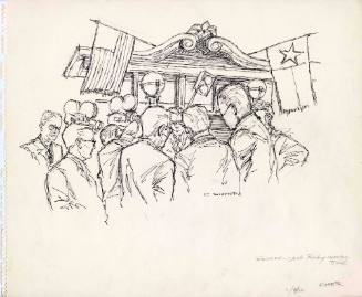 Courtroom sketch of press interview at Jack Ruby trial dated March 6, 1964