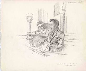 Courtroom sketch of juror Robert Fletchner being questioned at Jack Ruby trial