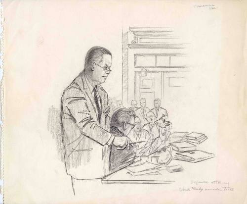 Courtroom sketch of defense attorney Joe Tonahill at Jack Ruby trial