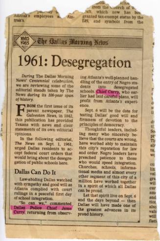 "1961: Desegregation," clipping from The Dallas Morning News