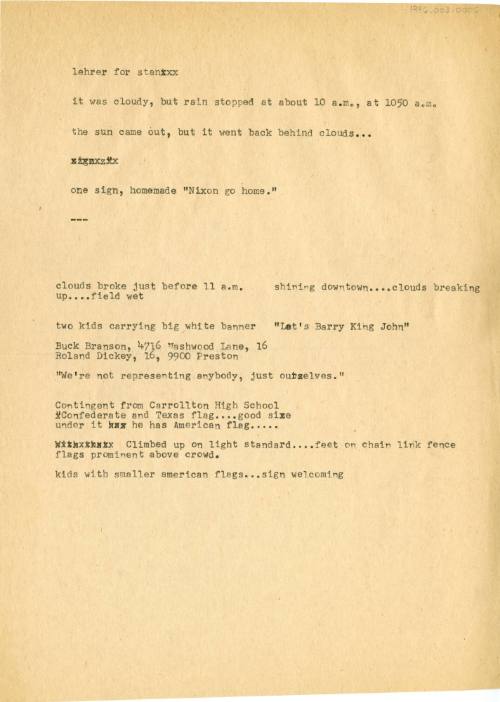 Typed notes from Love Field by Dallas Times Herald reporter Jim Lehrer