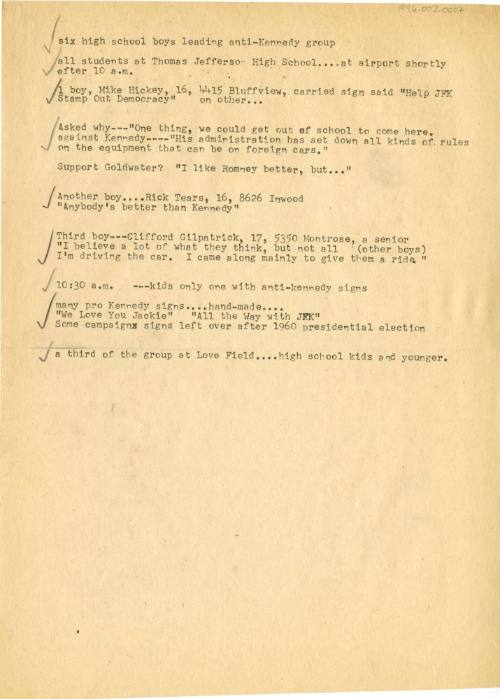 Typed notes from Love Field by Dallas Times Herald reporter