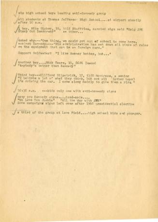 Typed notes from Love Field by Dallas Times Herald reporter