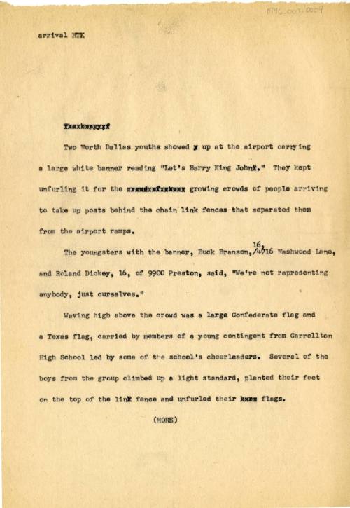 Typed draft of a newspaper article by a Dallas Times Herald reporter