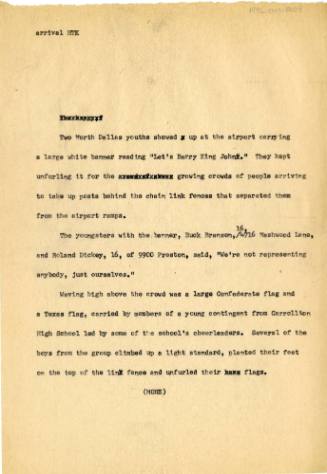 Typed draft of a newspaper article by a Dallas Times Herald reporter