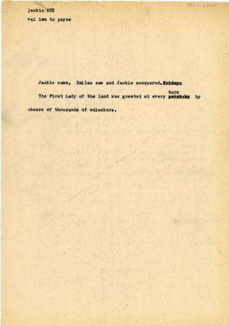 Typed notes from Love Field by Dallas Times Herald reporter Val Imm