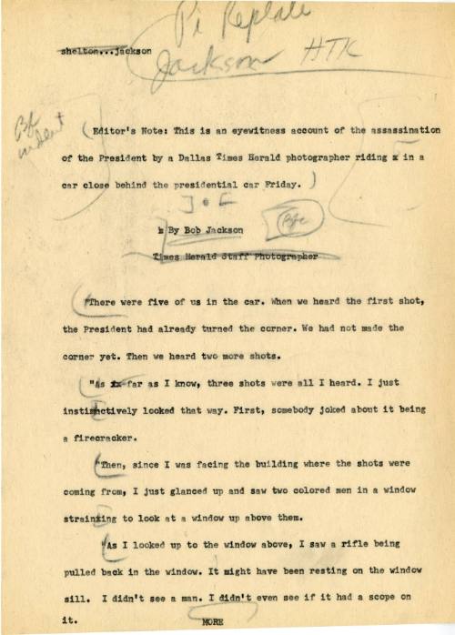 Typed draft of a newspaper article about Bob Jackson's eyewitness account