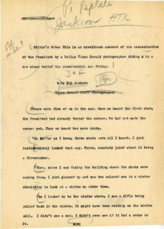 Typed draft of a newspaper article about Bob Jackson's eyewitness account