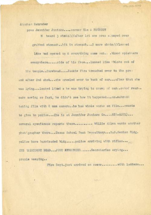 Typed notes about Abraham Zapruder by Dallas Times Herald reporter Darwin Payne
