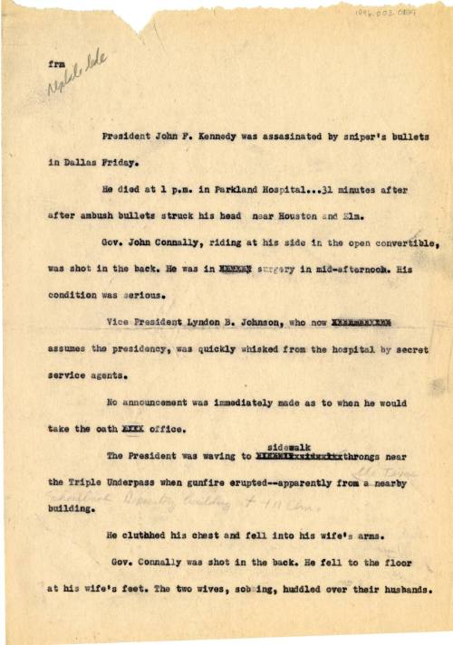 Typed draft of a newspaper article by Dallas Times Herald editor Felix McKnight