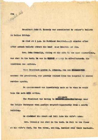 Typed draft of a newspaper article by Dallas Times Herald editor Felix McKnight