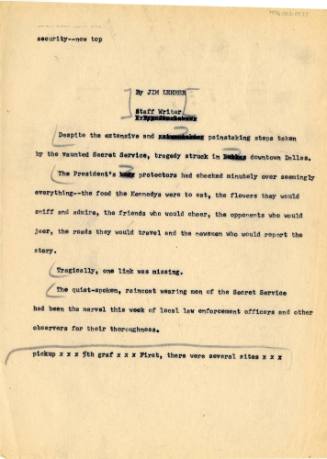 Typed draft of a newspaper article by Dallas Times Herald reporter Jim Lehrer