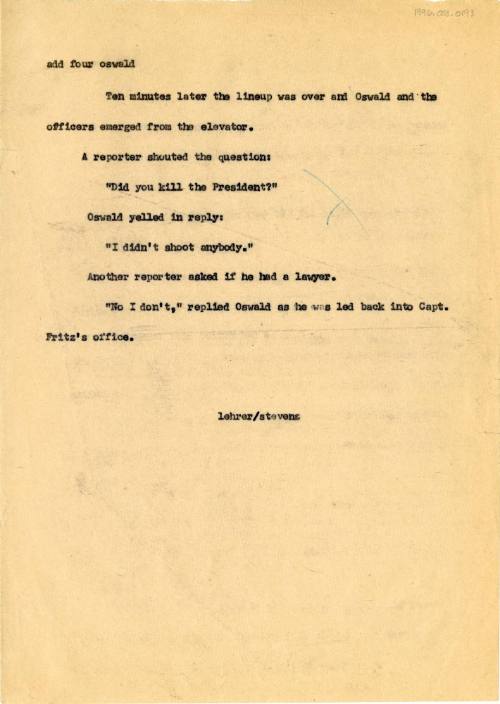 Typed notes from police station by Dallas Times Herald reporter Jim Lehrer