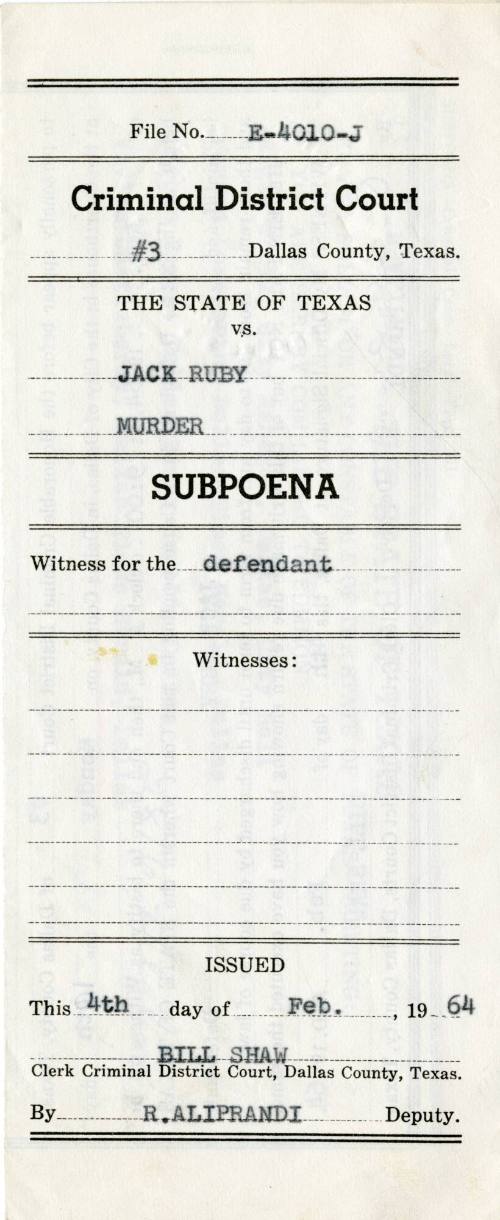 Vivian Castleberry's subpoena for the Jack Ruby murder trial