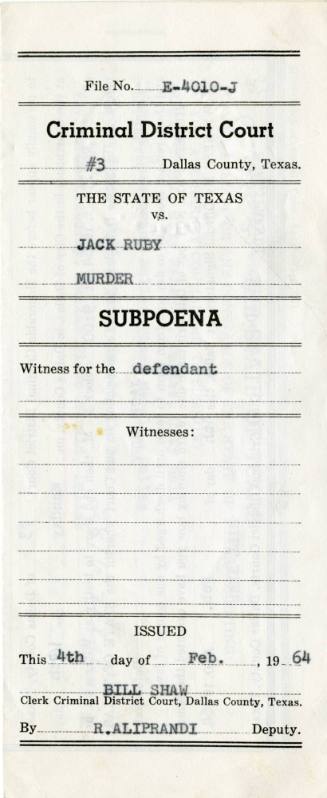 Vivian Castleberry's subpoena for the Jack Ruby murder trial