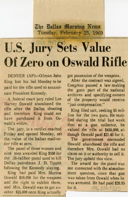 Oswald rifle newspaper clipping from The Dallas Morning News, 02/25/1969