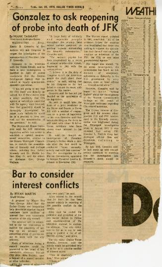 Newspaper clipping titled "Gonzalez to ask reopening of probe into death of JFK"