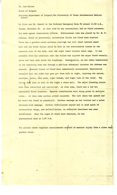 Photocopy of press release by Dr. Tom Shires regarding Oswald's Treatment
