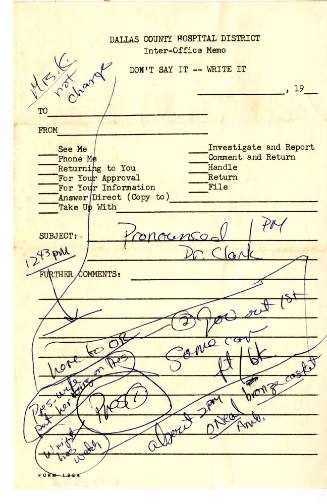 Internal Parkland Hospital memo with handwritten notes from 11/22/1963
