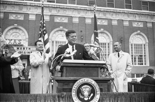 Image of President Kennedy speaking outside the Hotel Texas in Fort Worth