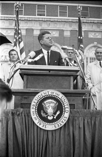 Image of President Kennedy speaking outside the Hotel Texas in Fort Worth