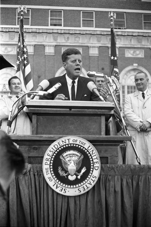 Image of President Kennedy speaking outside the Hotel Texas in Fort Worth