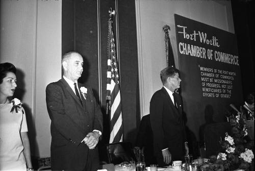 Image of President Kennedy and Lyndon B. Johnson at the Fort Worth breakfast