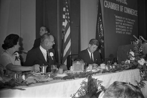 Image of President Kennedy and Lyndon B. Johnson at the Fort Worth breakfast