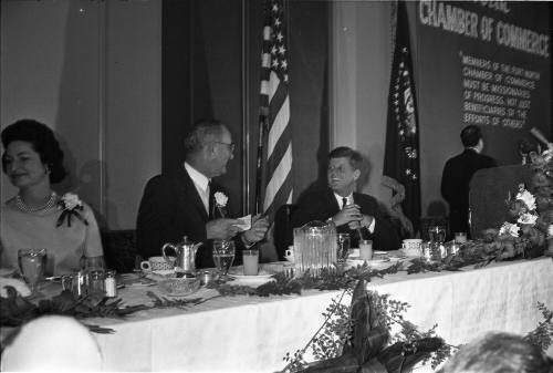 Image of President Kennedy and Lyndon B. Johnson at the Fort Worth breakfast