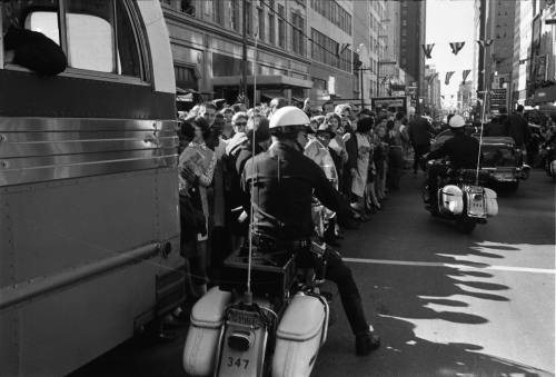 Image of motorcycles in the presidential motorcade on Main Street