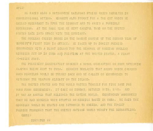 Texas AP wire copy tear sheet from KNER-FM about Kennedy's presidency