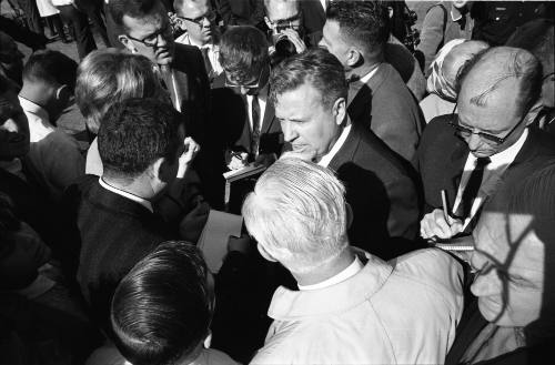 Image of Senator Ralph Yarborough talking with press outside Parkland Hospital
