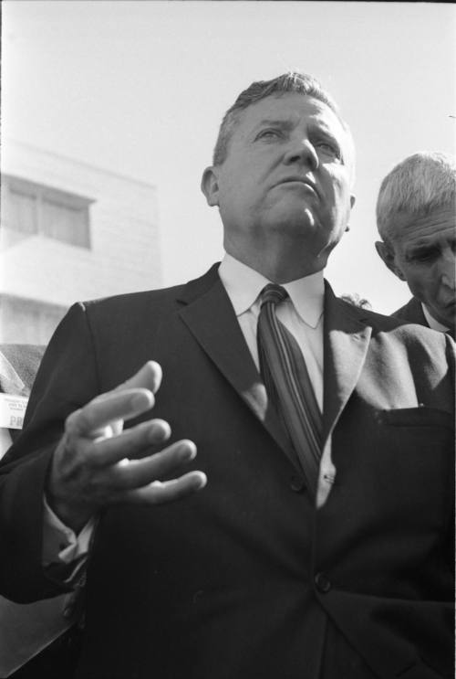 Image of Senator Ralph Yarborough outside of Parkland Hospital