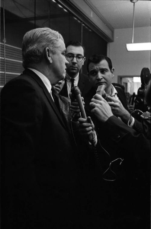 Image of D.A. Henry Wade's press conference at the Dallas Police Department