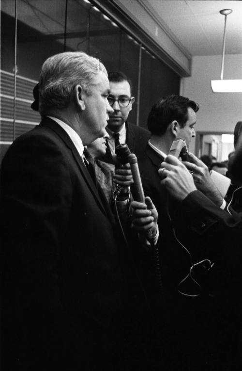 Image of D.A. Henry Wade's press conference at the Dallas Police Department