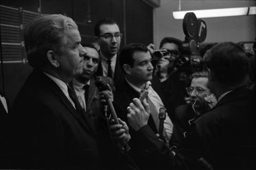 Image of D.A. Henry Wade's press conference at the Dallas Police Department