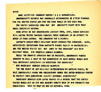 Texas AP wire copy tear sheet from KNER-FM about Kennedy's presidency