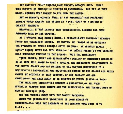 Texas AP wire copy tear sheet from KNER-FM about Kennedy's presidency