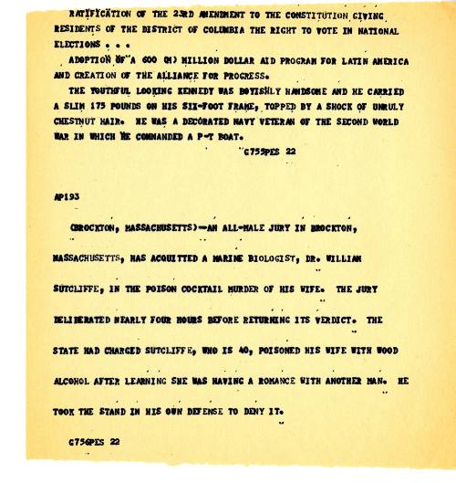 Texas AP wire copy tear sheet from KNER-FM about Kennedy's presidency