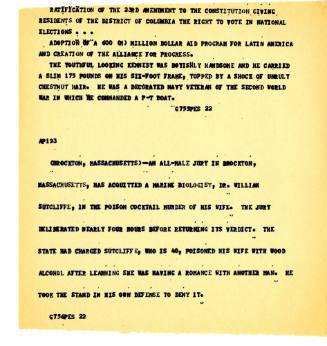 Texas AP wire copy tear sheet from KNER-FM about Kennedy's presidency